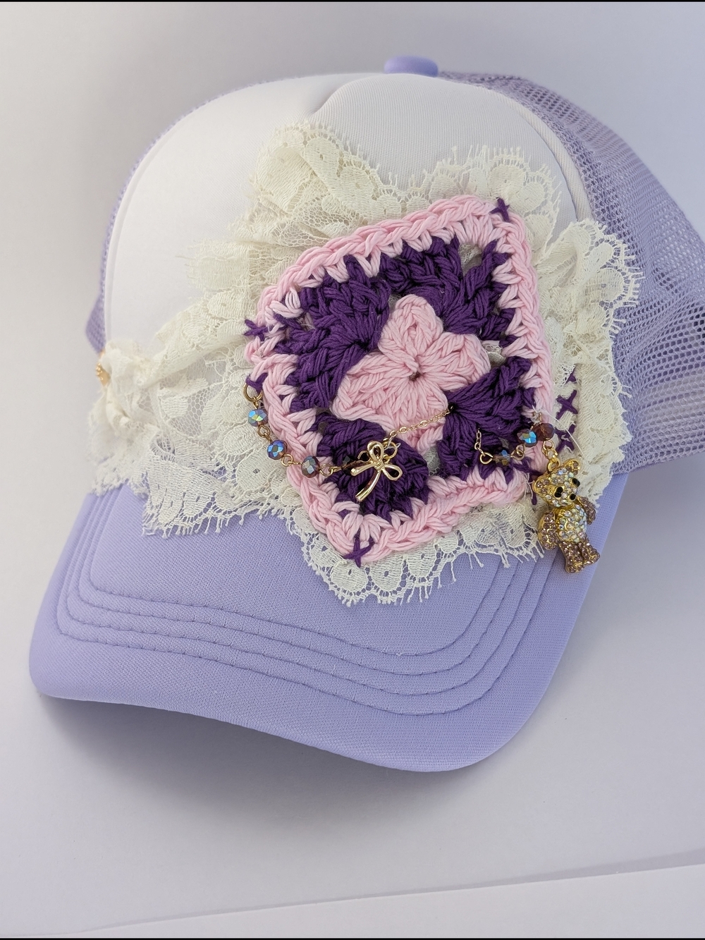 Lavender Lace Crochet Patch Trucker Hat, Purple And Pink, Upcycled Handmade